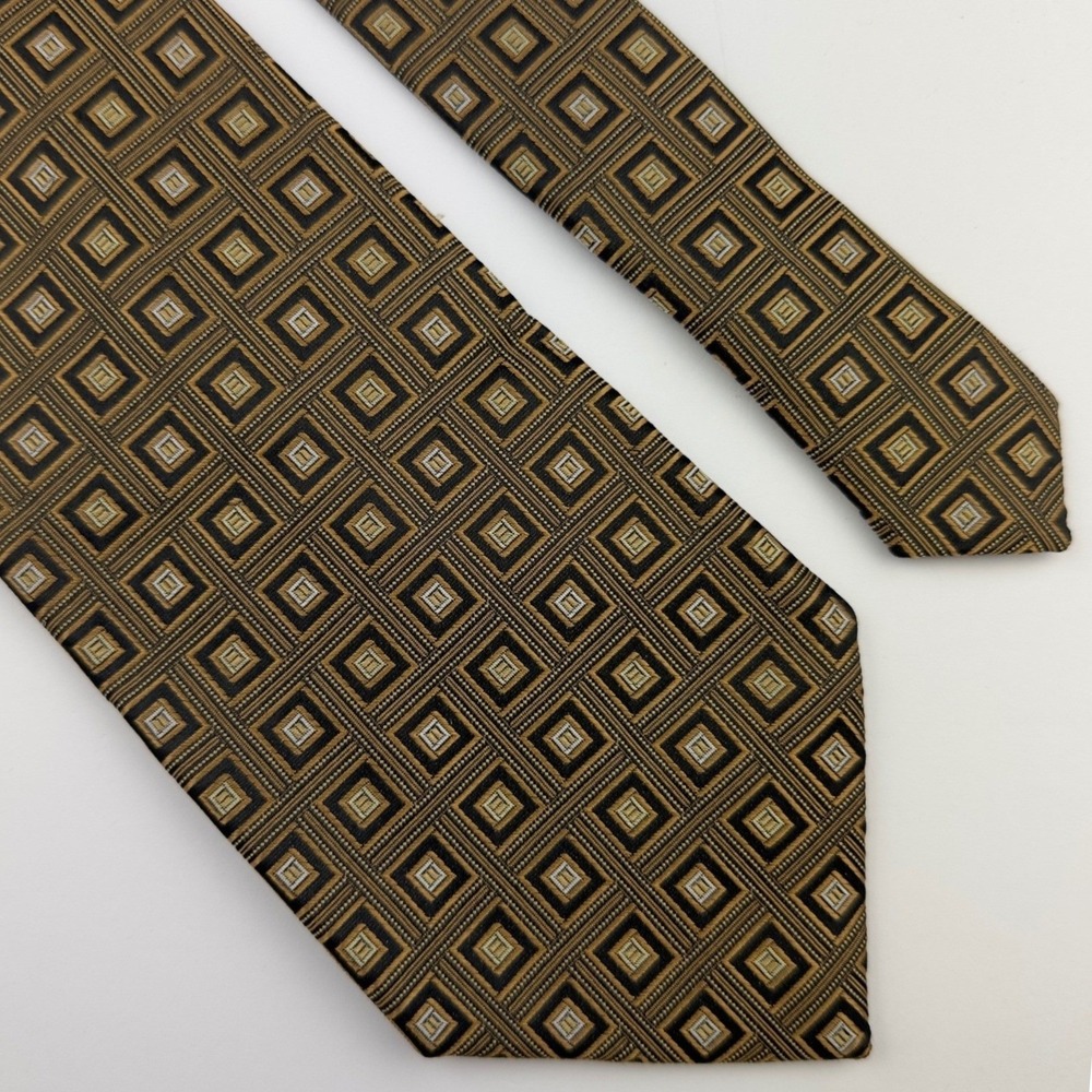 Enro Mens Silk Necktie‎ Gold Bronze Black Geometric Square Pattern Classic Tie